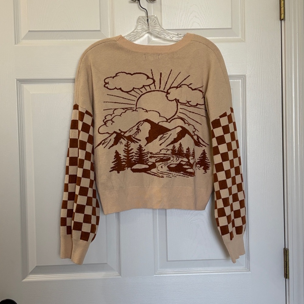Altar’d State Beige Cardigan with Brown Checkered Sleeves